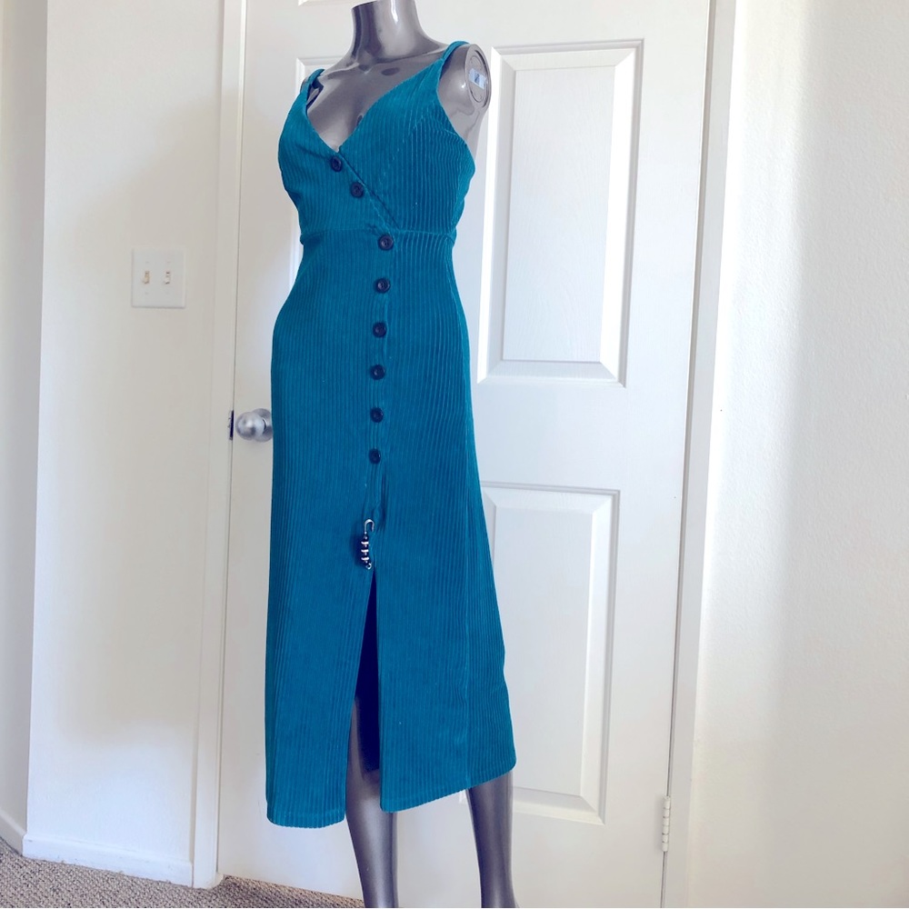 UO Button Down Turkish blue Corduroy Midi Dress
